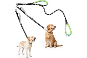 XiaZ Double Dog Leash for Two Dogs, No Tangle with 360° Swivel & 4 Comfortable Handles, Heavy Duty Dual Dog Leash with Highly Reflective Rope, Adjustable Split Leash for Small Medium Dogs, 3/8”Black