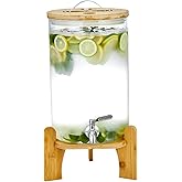 Beverage Dispenser 2.1 Gallon with Spigot Glass Water Dispenser for Parties, Bars, Restaurants (8L）with Wood Stand Drink Dispensers