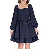 grewley Girls Fall Dress Long Sleeve Dresses Smocked Ruched Square Neck Tiered Flowy Casual Formal Tween Dress 5-14 Years
