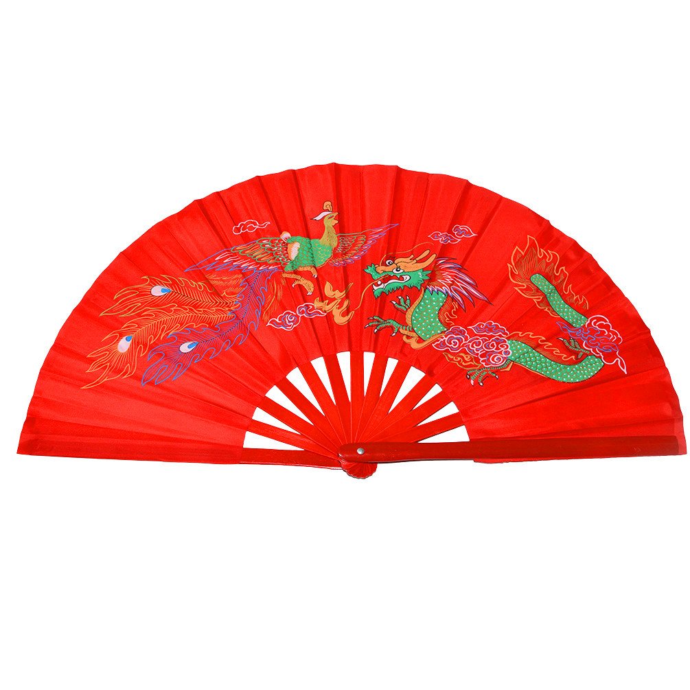 Medifier Chinese Kung Fu Tai Chi Fan Arts Dance/Practice Performance Bamboo Folding Fan Dragon And Phoenix red background
