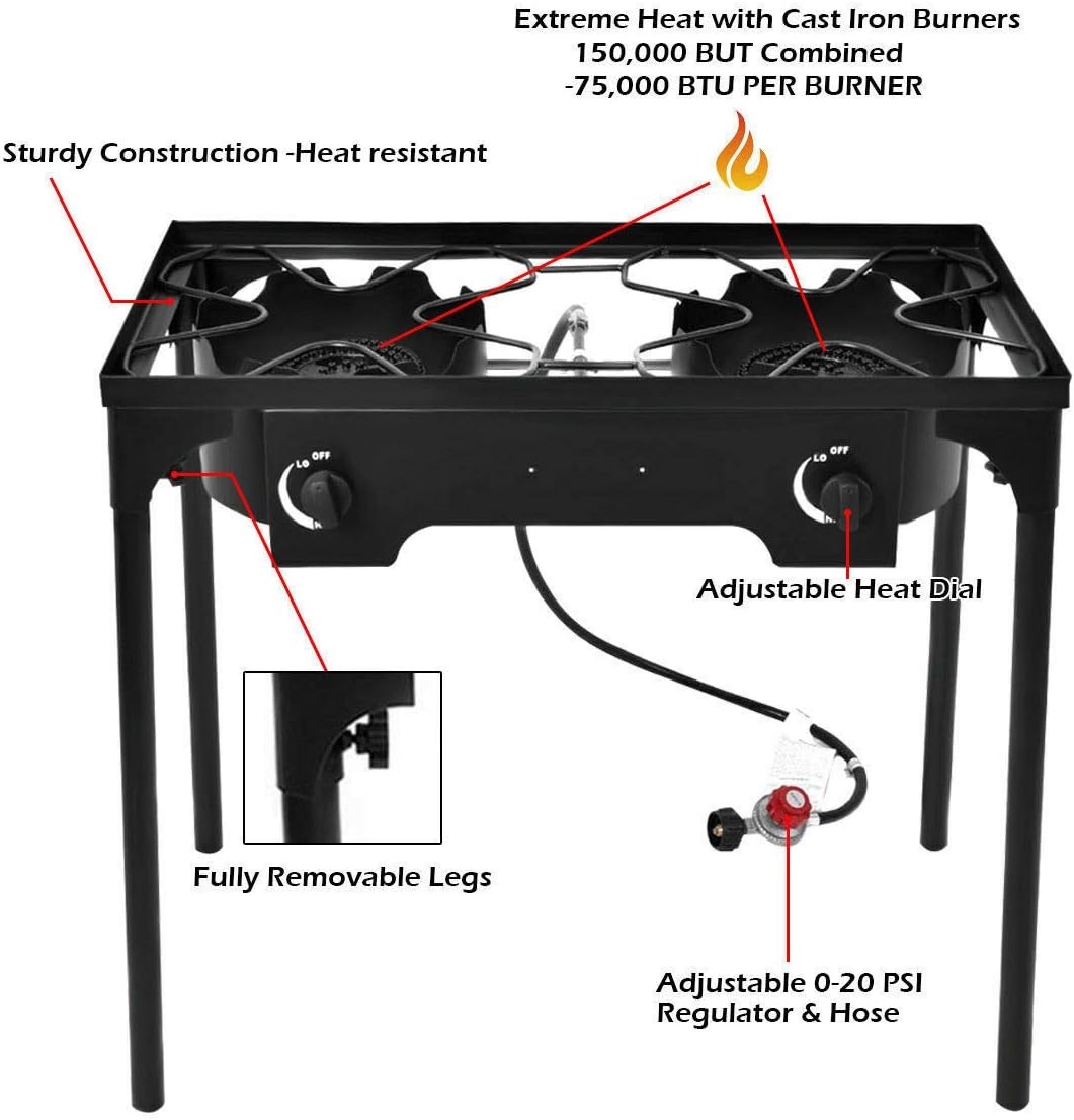 review Giantex Outdoor 2 Burner Stove High Pressure Camping Picnic Burner Stand 150,000 BTU with 0-20 PSI Adjustable Regulator Portable Double Burner Stove, Black