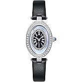 LANZOOM Women's Quartz Watch, Silver Oval Crystal-Set Watch,Roman Numeral Black Inner Dial with Blue Nacre-Encrusted Diamond Outer Dial, Black Leather Strap，3ATM Water Resistance