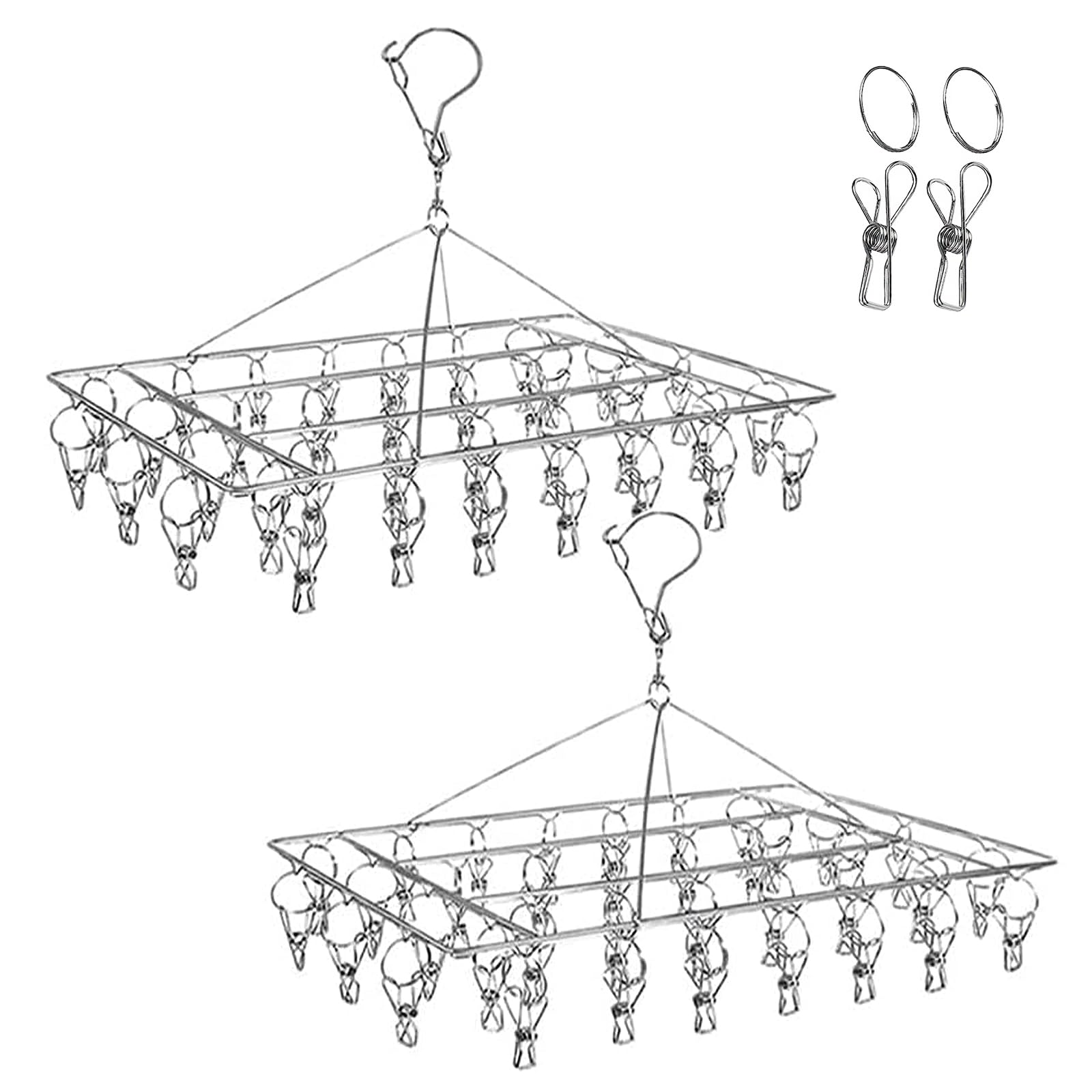 DARUITE Stainless Steel Clothespins Drip Hanger Portable Clothes Hanger 36 Clips Laundry Drying Rack for Socks, Diapers, Tank Tops and Underwear 2 Pack