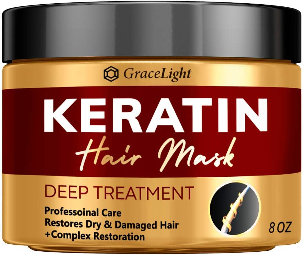 GRACELIGHT Keratin Hair Mask - Moisturizing Anti Frizz Hair Mask - Effective Keratin Complex with Vitamin E - Aloe Vera - Avocado Oil - Made in USA - Keratin Hair Mask Deep Conditioner
