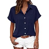 Beautife Button Down Shirts for Womens Short Sleeve Blouses Summer Tops | V Neck Collared Shirt,Casual Loose Tops With Pockets,Polka Dot,Leopard Printed,Striped,Work,Office,Vacation,Travel,Beach