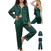 WJing Yi Jia Womens 3Pcs Silk Satin Pajamas Long Set Sexy Cami Top Pajama Sleepwear Silky Pj Sets Loungewear Pjs XS-4XL