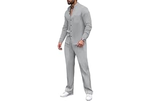Men’s Casual Waffle Shirt Pants 2-Piece Set Solid Color Stand-Up Collar Button Shirts Joggers Tracksuits Long Sleeve Outfits