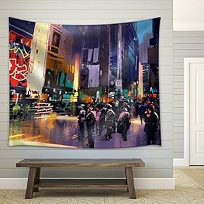 Illustration - Crowd of People in City Street,Colorful Painting,Illustration - Fabric Wall Tapestry Home Decor - 51x60 inches