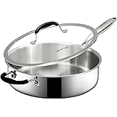 SLOTTET Tri-Ply Stainless Steel Saute Pan with Lid, 5 Quart Deep Sauté Pan with Stay Cool Handle,11.5 Inch Frying Pan,Dishwasher and Oven Safe,Induction Stainless Steel Cookware