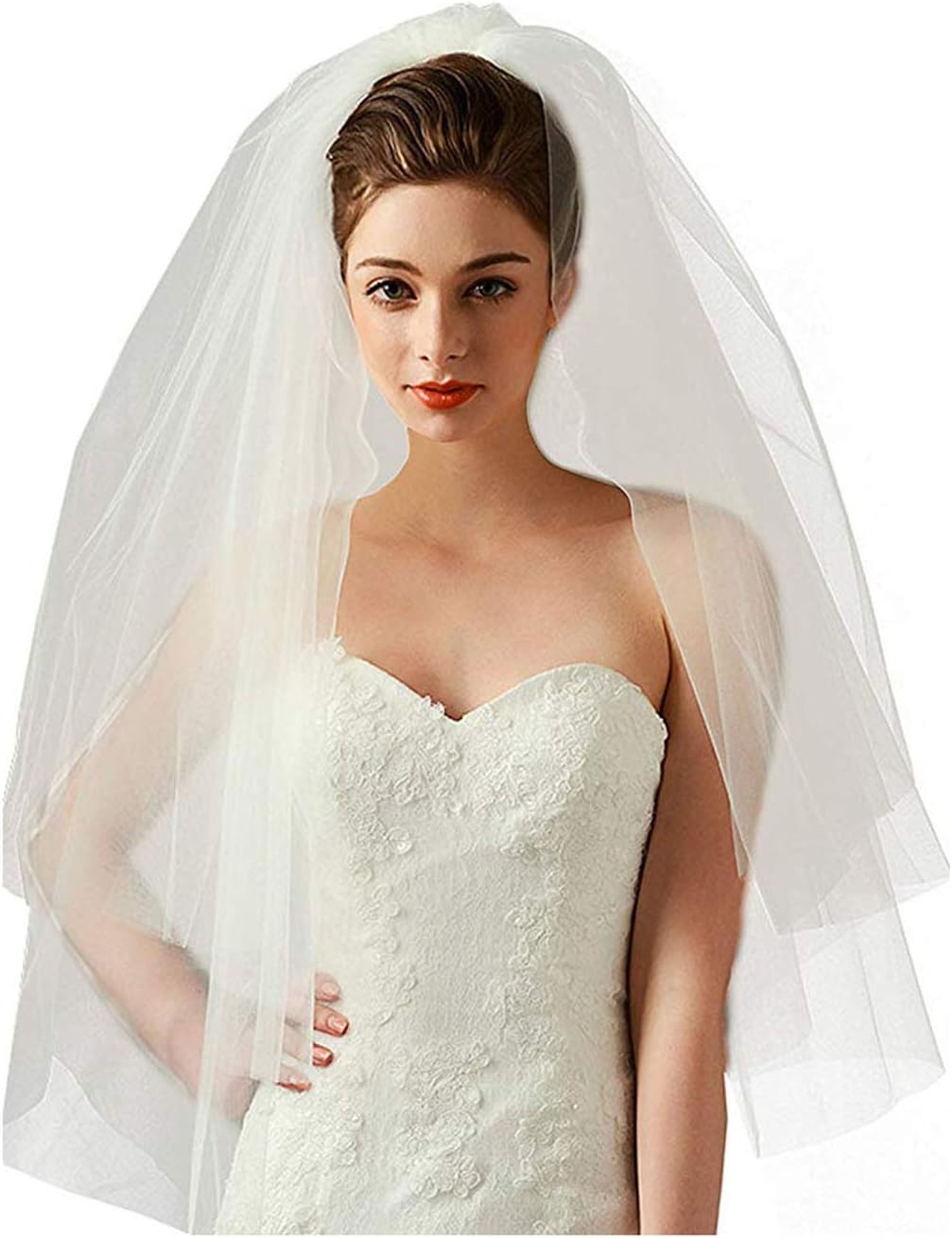 FJMM Women's Tulle Crystals Edge Ivory White Wedding Bridal Veil Short with Comb