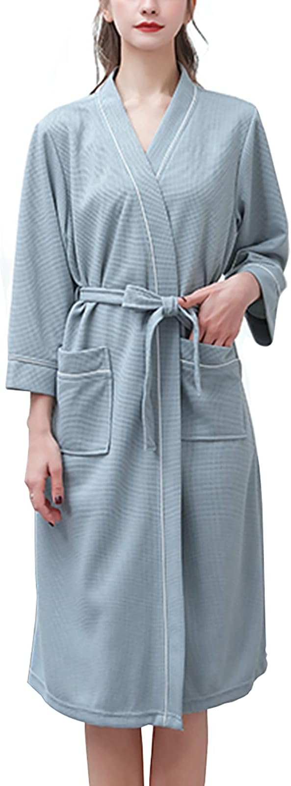 Women Waffle Dressing Gowns, Breathable Long Bathrobe with Cotton Knit