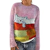 Akivide Women's Fall Winter Cute Cat Graphic Floral Print Sweater Casual Loose Long Sleeve Crewneck Sweatshirt Oversized Tops