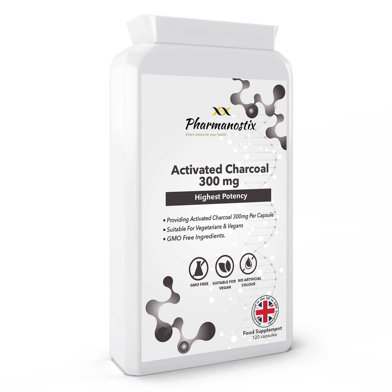 Activated Charcoal Supplement (300mg) - 120 Capsules | Steam Activated from Coconut | Contributes to Reducing Excessive Flatulence | UK Manufactured to GMP Standards