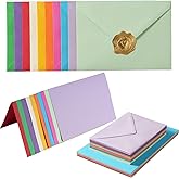 50 Pack A7 Colorful Envelopes with 5x7 Blank Heavy Colored Folded Cardstock and Gold Stickers for Greeting Cards, Wedding, Birthday Party, Baby Showers, Invitations (5x7)