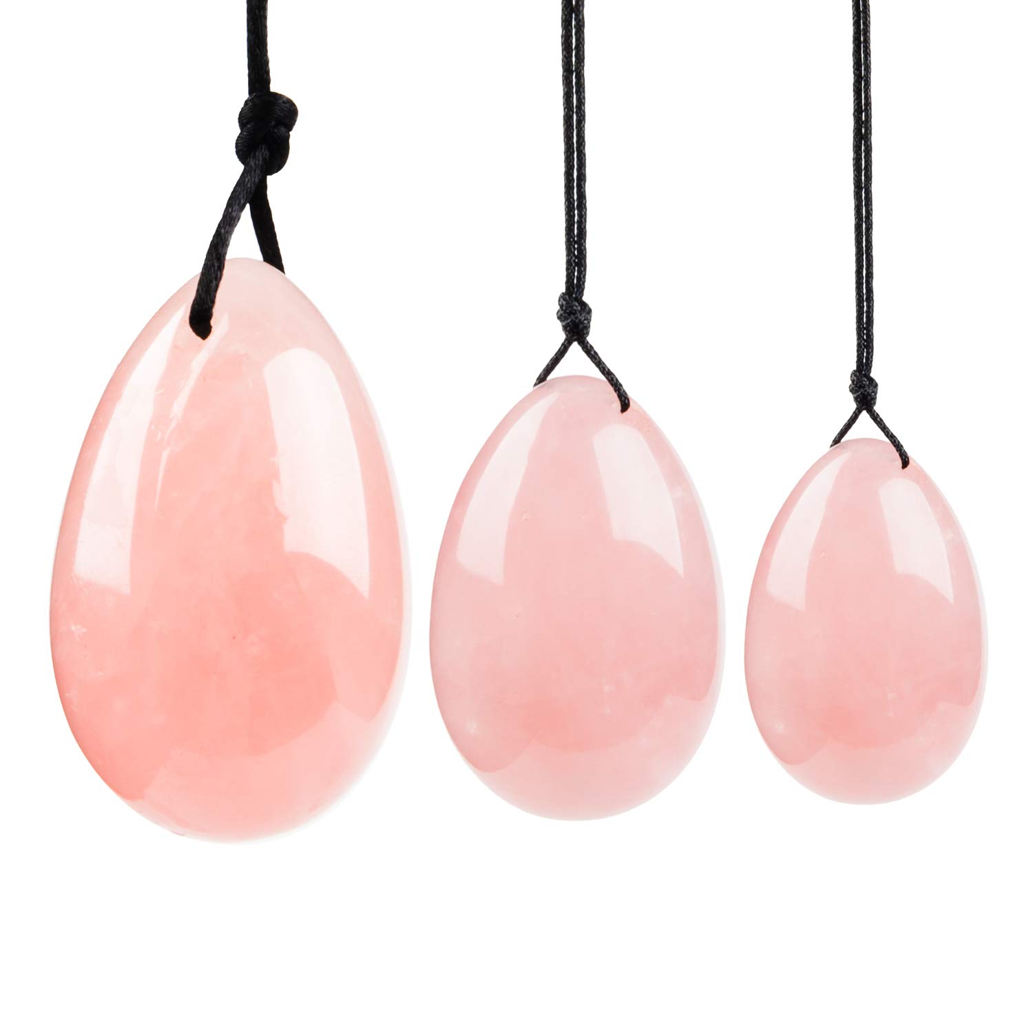 Rose Quartz Yoni Eggs, June&Ann Set of 3 Drilled Natural Chakra Healing Yoga Exercise Eggs with String Massage Stones Ben Wa Ball for Women to Train Pelvic Muscles Kegel Exercise