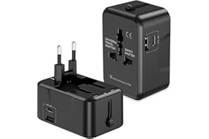 SAUNORCH Travel Adapter Worldwide, All in One European Universal International Power Travel Plug Adapter W/ 2.4A Type C & 2.4