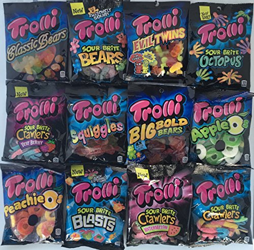 Trolli Gummy Candy Variety Bundle 12 Different Flavors (1 Of Each) Peg Bags Gummy Bears, Squiggles, Sour Brite Gummi, Apple, Peach and More!