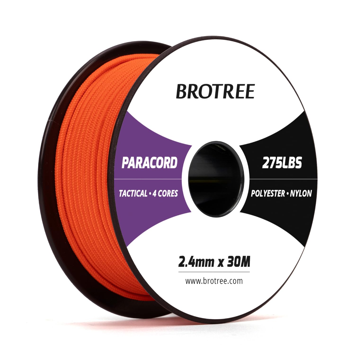Brotree 275 Paracord 2.4mm Tactical Cord 30M Nylon Rope 4 Strands Parachute Cord for Outdoor, Craft, DIY - 125kg Breaking Load (Neon Orange)