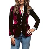 Women Vintage Velvet Blazer Jacket V-Neck Work Office Suit Slim Fit Slit Blazer Long Sleeves Dressy Coat