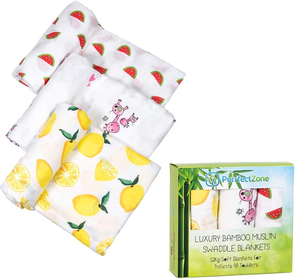 Purrfectzone Baby Swaddle Blanket Unisex Swaddle Wrap Soft Silky Bamboo Muslin Swaddle Blankets Neutral Receiving Blanket for Boys and Girls, 47 x 47 inches, Set of 3 - Watermelon/Lemon/Giraffe