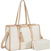 LOVEVOOK Laptop Bag for Women 15.6 inch Lightweight Canvas Laptop Tote Bag, Large Capacity Computer bag with Clutch Purse for Business, Work, Office, Travel, School(Pearl White & Beige,15.6 Inch)
