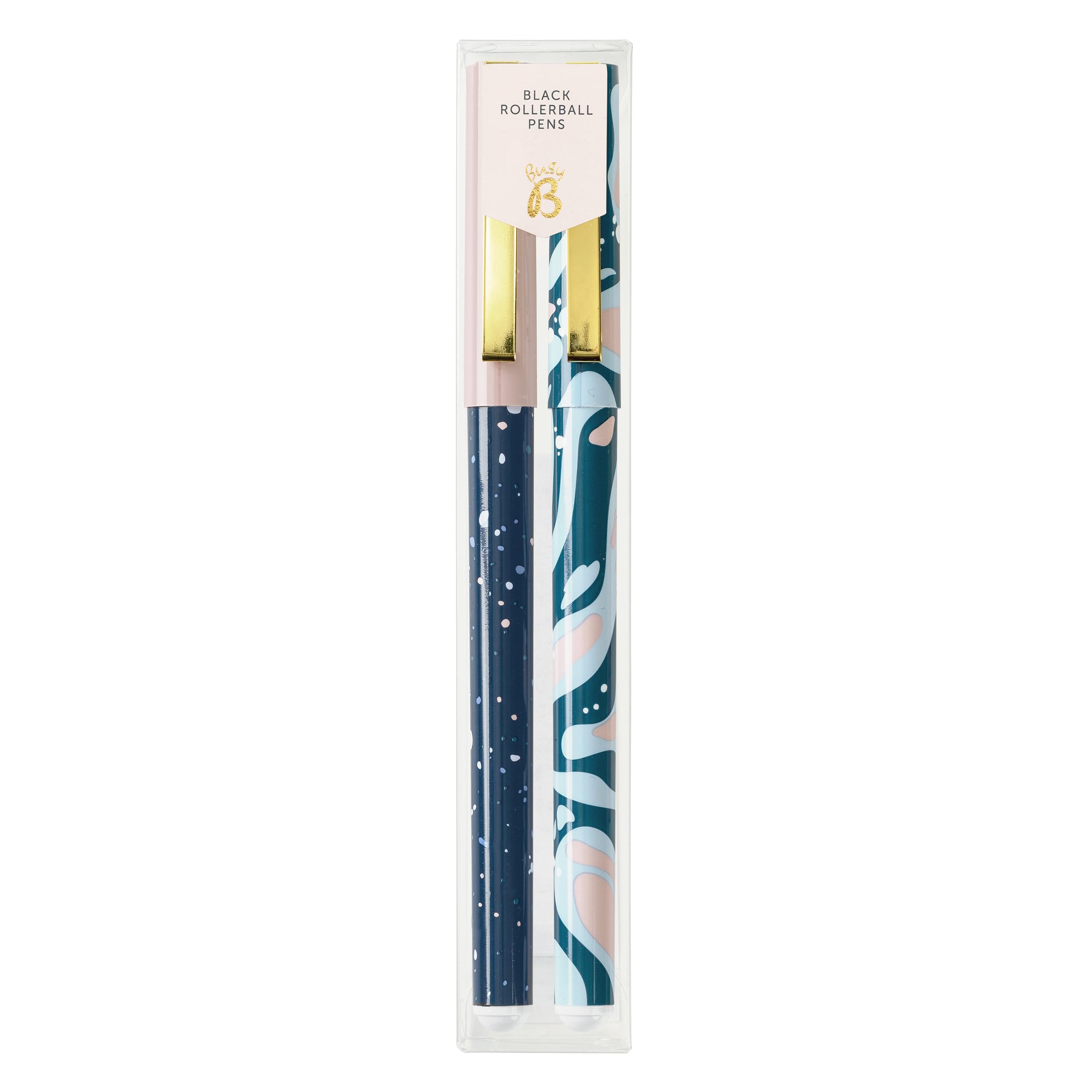 Busy B Two-Pack Rollerball Pens - Colourful Marble Design Perfect for Students, Teachers, Work & More with Set of Two, Black Ink, Rollerball Feature & Lid