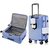 HotWay 19 Inch Expandable Carry On Luggage with Cup Holder, Hardside TSA Approved Luggage with Spinner Wheels, Top Opening Suitcase For Travel, Blue