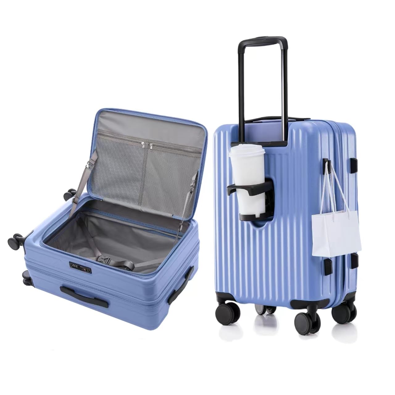 Photo 1 of HotWay 19 Inch Expandable Carry On Luggage with Cup Holder, Hardside TSA Approved Luggage with Spinner Wheels, Top Opening Suitcase For Travel, Blue