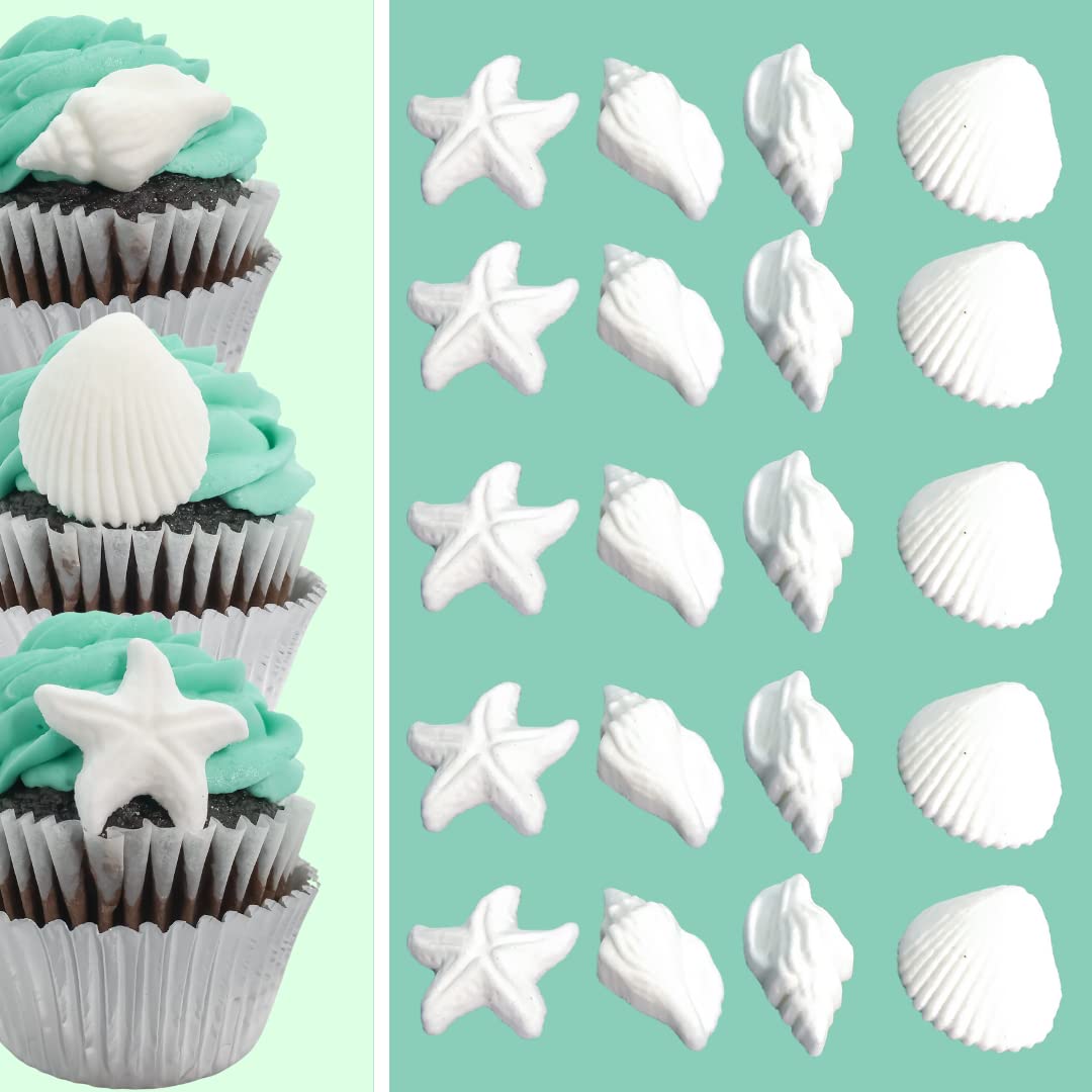 Photo 1 of 24pk Edible White Seashells and Starfish Sugar Decoration Toppers for Cakes Cupcakes Cake Pops with SeaShell Decorating Stickers
