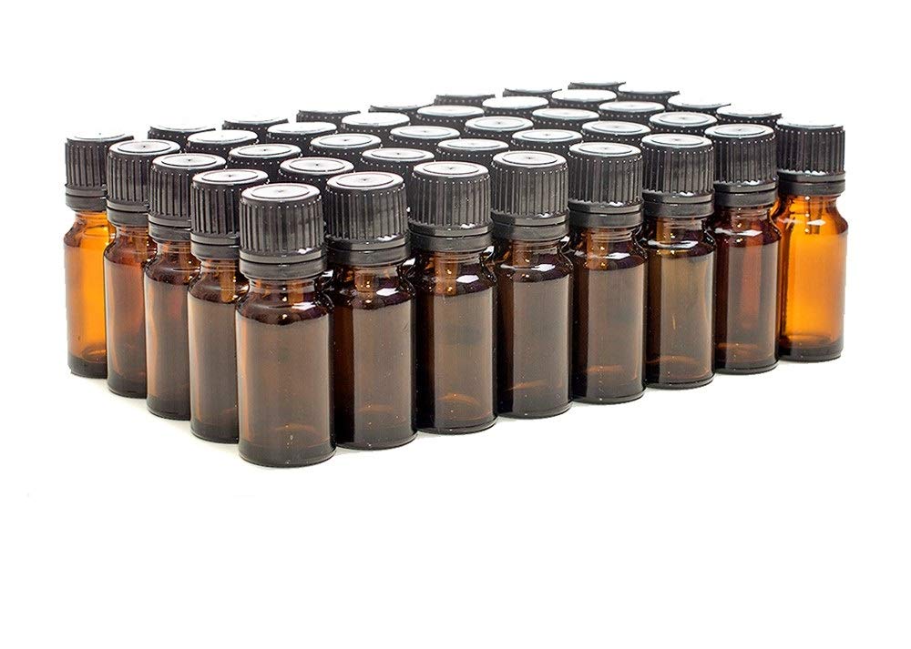 Aura 10ml AMBER Glass Bottles with Black Tamper Evident Caps & Droppers - PACK of 40