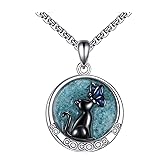 URONE Black Cat and Butterfly Necklace 925 Sterling Silver Black Cat Pendant Turquoise Jewelry Gift for Women Men