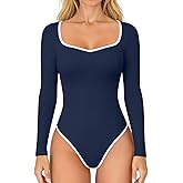 OQQ Women Bodysuit Contrast-Trim Square Neck Long Sleeve Stretch Bodysuit Tops