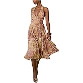 SHENHE Women's Summer Halter Deep V Neck Tropical Print Backless Flowy Midi Dress Vacation Boho Sundress