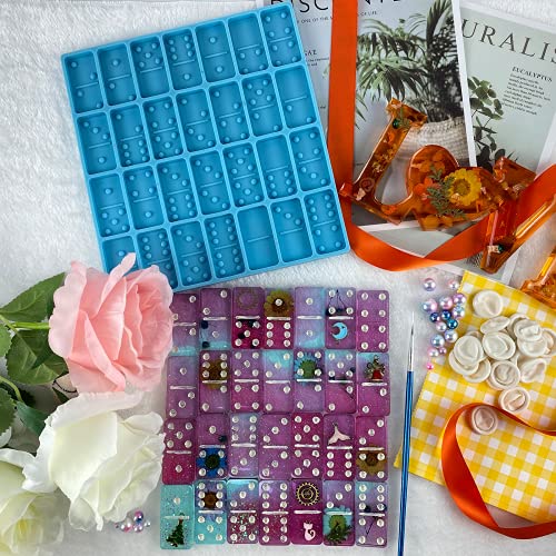 LOKiVE Blue Domino Epoxy Resin Mold,Domino Silicone Mold Silicone Domino Game Molds for DIY Silicone Molds for Personlized Dominoes,Painting Brushes & 20 Latex Finger Cots