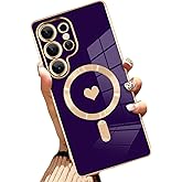 AIGOMARA Magnetic Case Made for Samsung Galaxy S25 Ultra [Wireless Charging Compatible] Heart Design Soft TPU Electroplated Phone Cover Anti-Scratch Shockproof Slim Case for Women - Purple