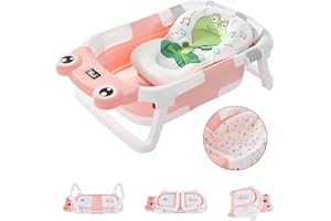 TUYEDOQE Foldable Baby Bathtub for Newborn to Toddlers, Foldable Bath Tub with Thermometer & Soft Cushion & Bath Net, Durable Portable Travel Bathtub with Drain Hole for Infants (Pink Baby Bathtub)