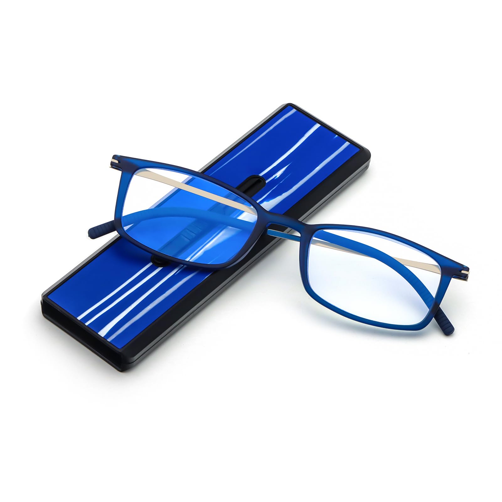 MMOWW Ultra thin Reading Glasses for Men Women Lightweight TR90 Blue Light Blocking Compact Computer Readers Portable Unique Stretchable Slim Flat Case (Blue, +3.5)