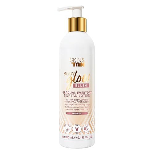 Skinny Tan Body Glow Blush Moisturising Gradual Tan Lotion Delicious Peach Scent with Skin Illuminating Shimmer Tint 280ml