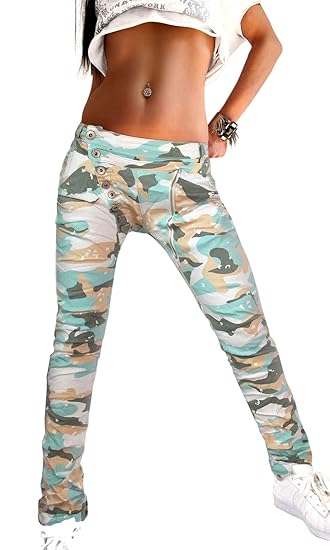 if she Mozzaar Damen Push up Hose Camouflage bunt Super Stretch mit Langer Knopfleiste und Reißverschluss
