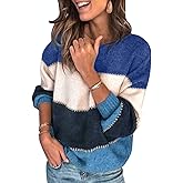 Necooer Womens Sweater Pullover Casual Long Sleeve Crewneck Color Block Pullover Knit Sweater for Women