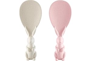 3D Bunny Rice Spoon，7.28 * 2.76 Inch Standing Rice Paddle，Rabbit Shape RiceCooker Spoon，2 Pack (Beige+Pink)