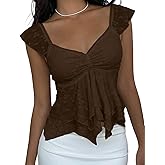 Cioatin Women Sleeveless Y2K Sheer Floral Lace Ruffle Peplum Babydoll Crop Tank Tops Sweetheart Neck Ruched Shirt Going Out