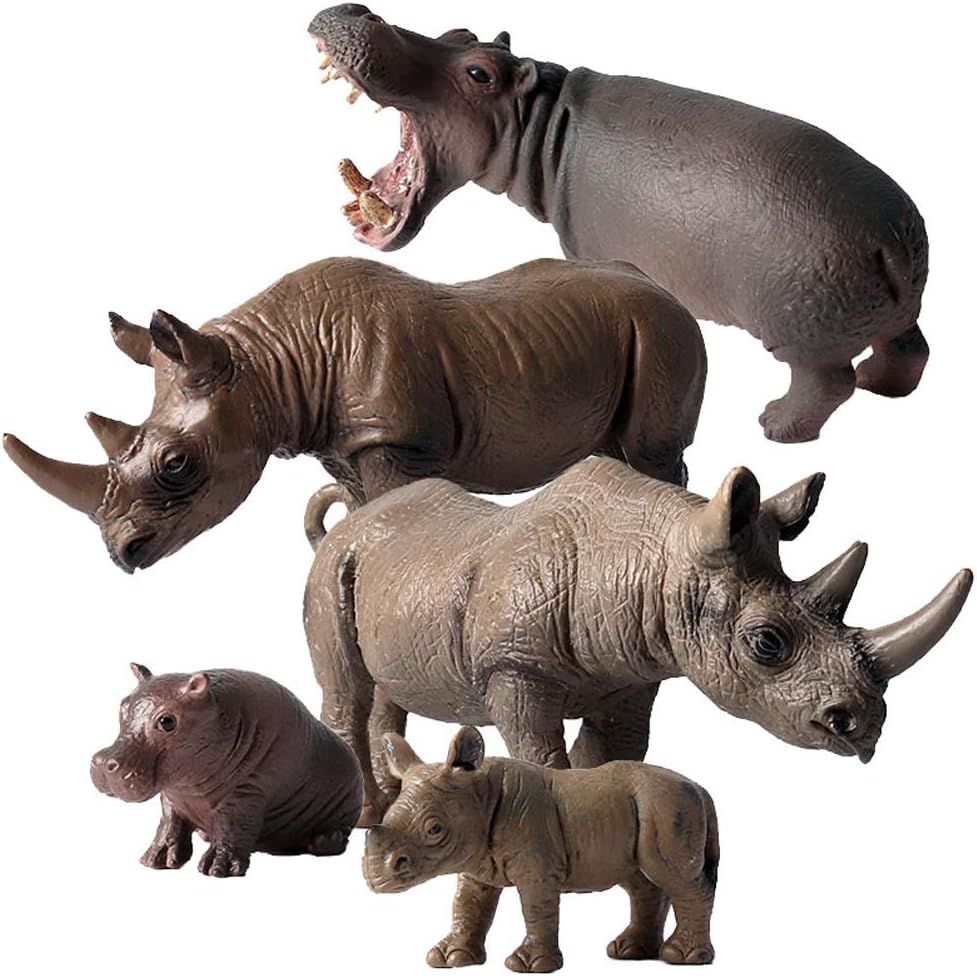 FLORMOON Animal Figures, 5pcs Realistic Hippo & Rhino Action Model, Plastic Wild Animal Learning Party Favors Toys
