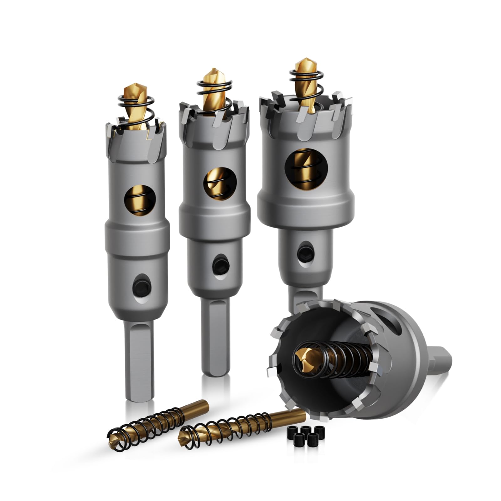 Photo 1 of Hole Saw 6 PCS, Hole Saw for Metal, TCT Hole Cutter, 4 Drill Saws with 2* Extra Pilot Center Bits, 2* Springs for Metal, Iron and Stainless Steel