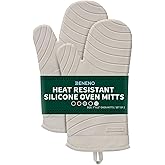 Beneno Heat Resistant Silicone Oven Mitts BPA-Free, Non-Slip Textured Grip & Quilted Cotton Lining, Waterproof Kitchen Mitt 2-Pack Set, 7"x13", Beige