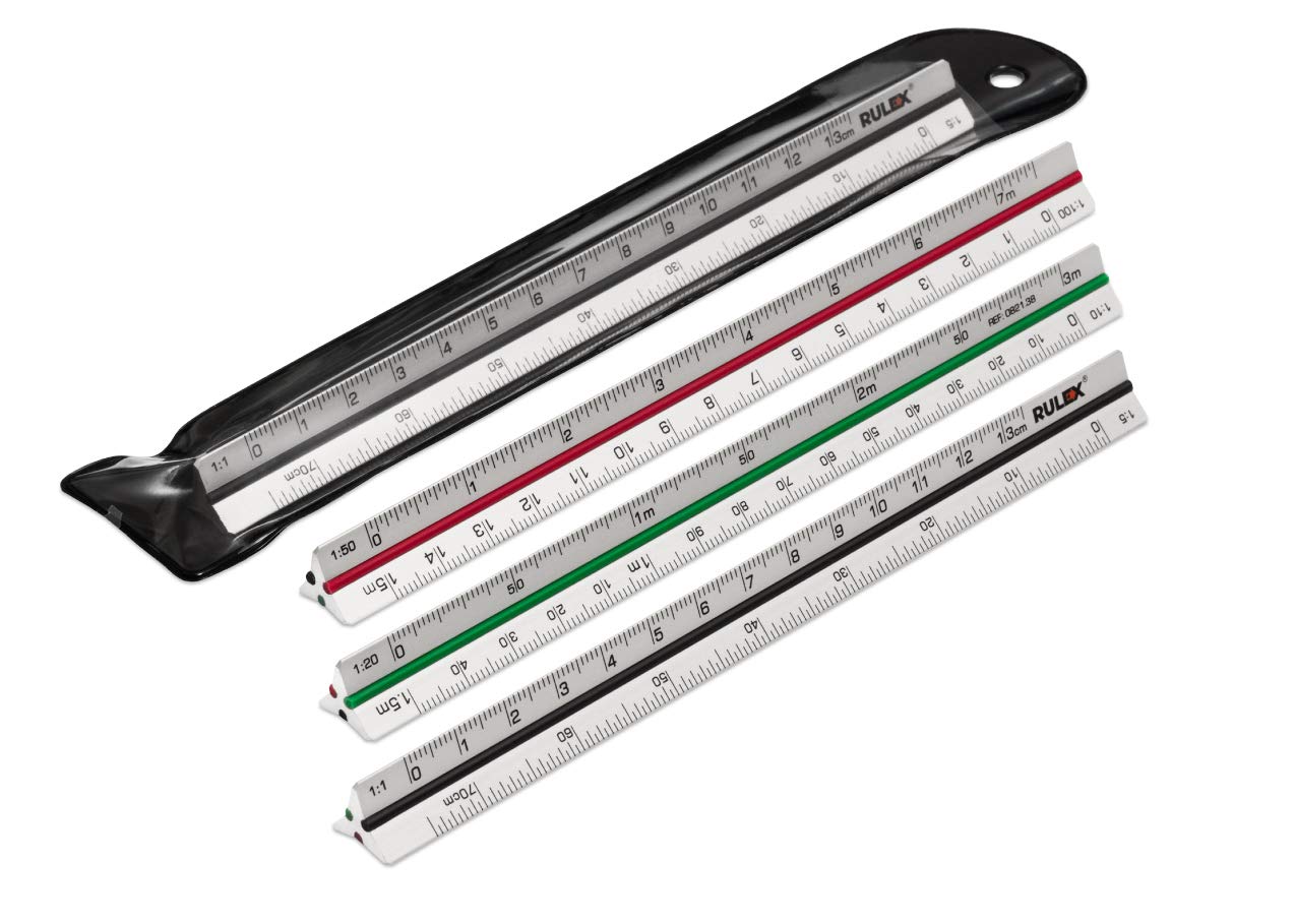 Rulex 150mm mini silver metal triangular scale ruler with coloured stripes and scales: 1:1 & 1:5, 1:20 & 1:10, 1:50 & 1:100