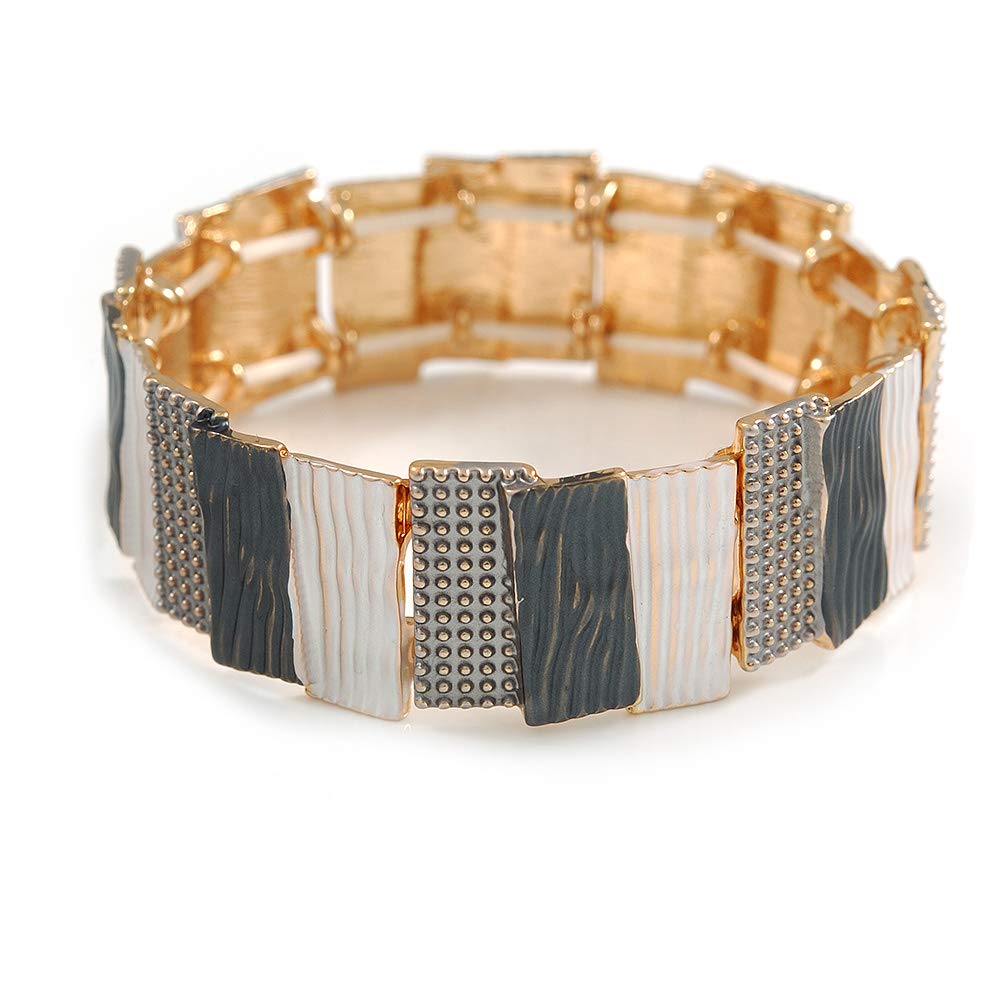 Avalaya Dark Grey/Metallic Silver/White Enamel Geometric Hammered Flex Bracelet In Gold Tone - 20cm Long