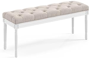 LUE BONA 44" Bedroom Bench, Vintage French Tufted End of Bed Bench, Upholstered Fabric Ottoman Bench with Carved White Legs for Bedroom,Dining Bench Piano Stool for Living Room,Foyer, Linen