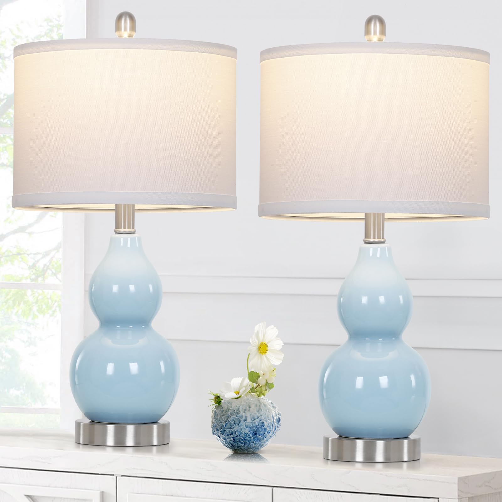 Photo 1 of Rinweey Double Gourd Ceramic Table Lamps Set of 2, Modern Blue Bedside Lamps for Night Stand, Contemporary Nightstand Lamps for Bedroom Living Room (Bulb Included)