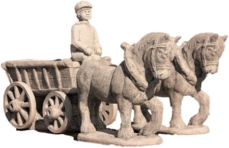 Carruaje de caballos con jinete, Figura de piedra fundida, 2 caballos